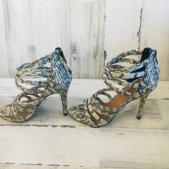 NEW RENVY Snake Print Leather Caged Heel Sandals - Picture 4 of 12